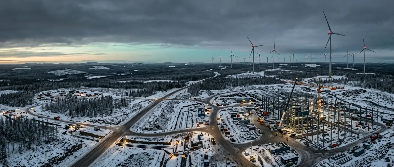 Wind farm construction site in winter, electrical infrastructure work under way
