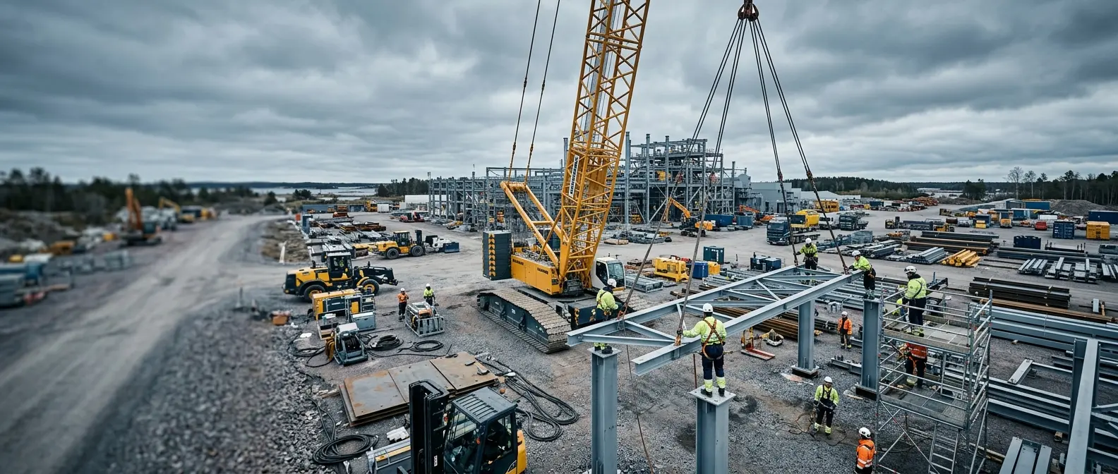 Crane and site equipment at an industrial construction site
